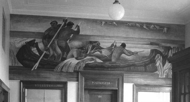 b&w photograph of Lucia Wiley's Gathering Wild Rice mural